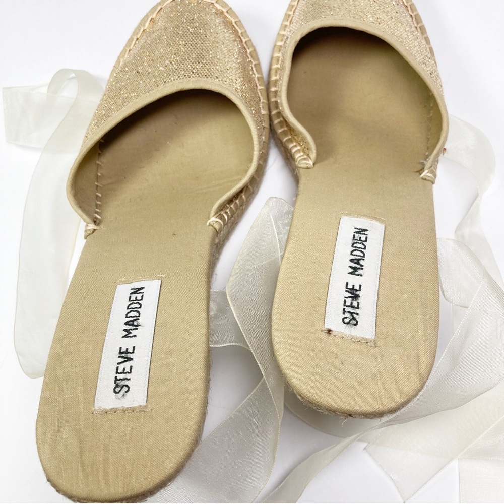 Steve Madden Boca Ankle Tie Gold Glitter Toe Rope Wedge - Picture 8 of 11